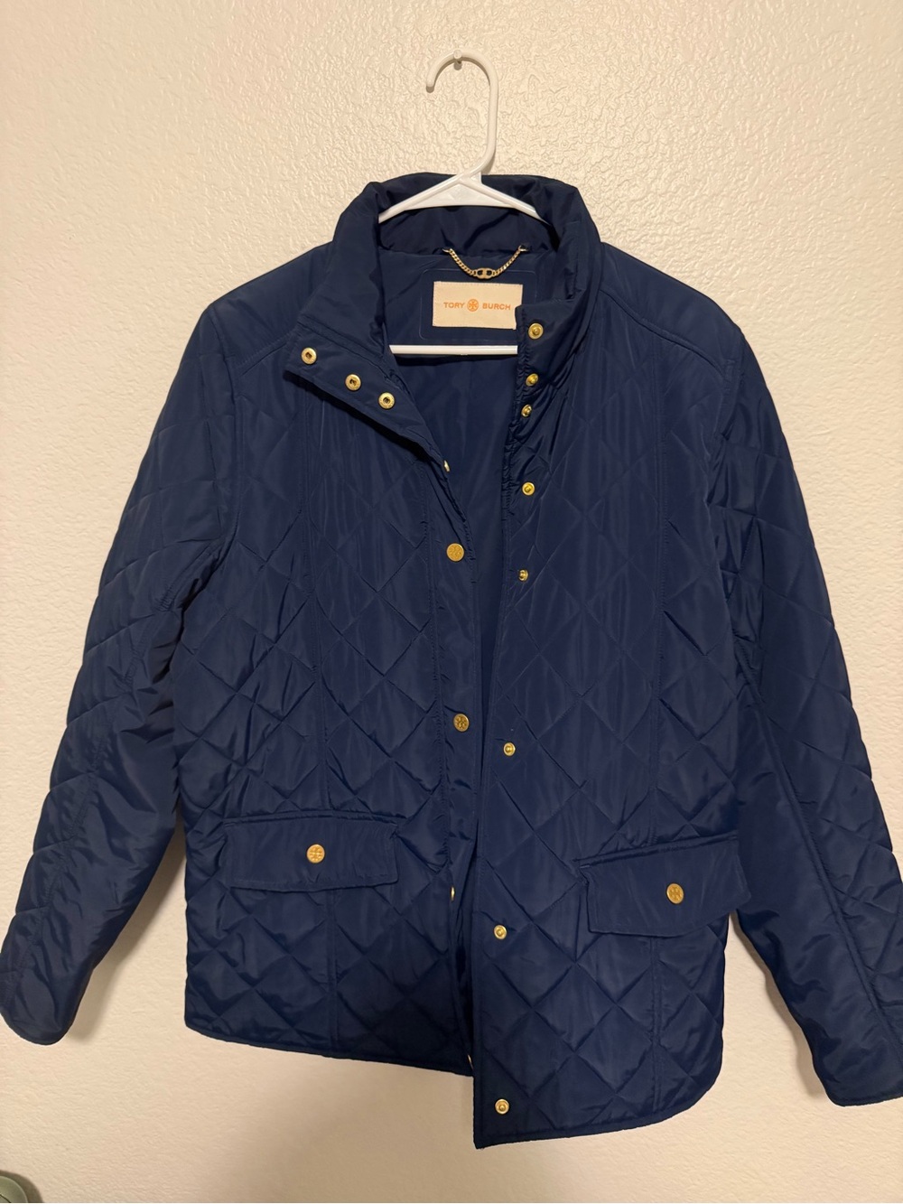 Tory Burch Navy Quilted Diamond Puffer Jacket with Gold Hardware XL